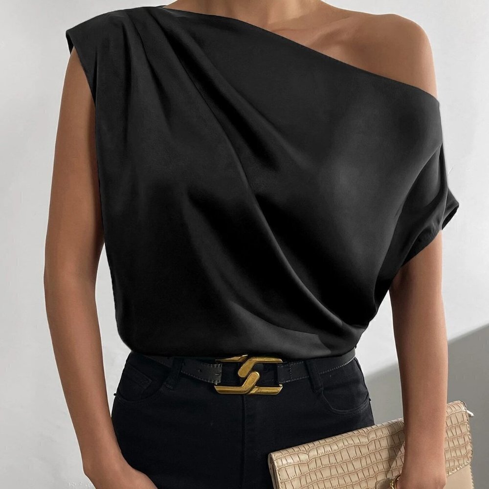 Black Boho Womens Asymmetrical Neck Ruched Shoulder Blouse